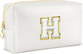 Gifts for Girls Initial Makeup Bag Personalized Cosmetic Bag with Zipper Cute Travel Toiletry Bags Waterproof PU Preppy Makeup Pouch Birthday Gift for Teen Girls Women(White H)