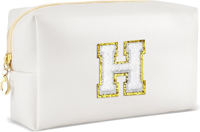 Gifts for Girls Initial Makeup Bag Personalized Cosmetic Bag with Zipper Cute Travel Toiletry Bags Waterproof PU Preppy Makeup Pouch Birthday Gift for Teen Girls Women(White H)