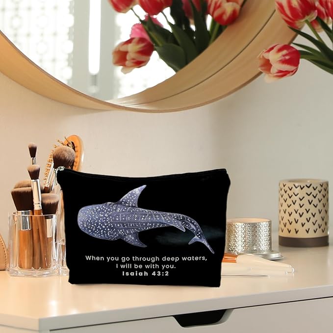 Whale Shark Christian Makeup Bag Pouch, Christian Shark Gifts for Women, Bible Verse Gifts Isaiah 43:2, When you go through deep waters I will be with you(black)