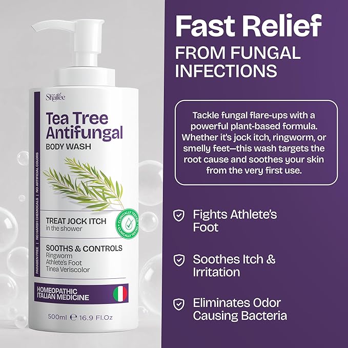 Antifungal Tea Tree Body Wash - Antibacterial Soap for Jock Itch, Eczema, Back Acne, Ringworm Treatment for Humans | Antibacterial Body Soap For Men & Women with 1% Tolnaftate & Tea Tree Oil - 16.9 oz