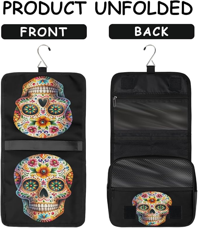 Travel Toiletry Bag for Women & Men Skull Cool Flower Hanging Cosmetic Organizer Portable Waterproof Makeup Case Make Up Bag with Compartments Travel Essentials for Bathroom Shower