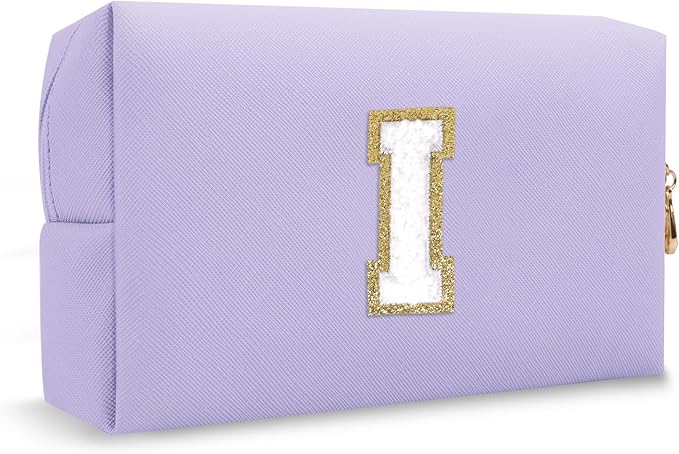 Personalized Small Initial Preppy Makeup Bag, Cute Chenille Letter Cosmetic Organizer Toiletry Travel Pouch, Waterproof Portable PU Monogram Make Up Bag Case Gift for Women Friends Her(Letter I)