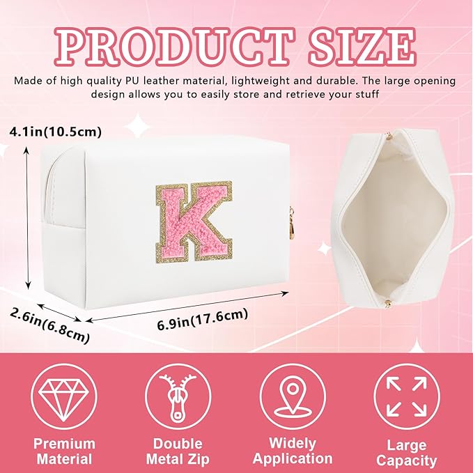 Personalized Initial Letter Patch Makeup Bag, Preppy Portable Chenille Letter Cosmetic Bag with Zipper, PU Leather Waterproof Travel Toiletry Bag Monogram Make Up Pouch for Women Girls(Letter K)