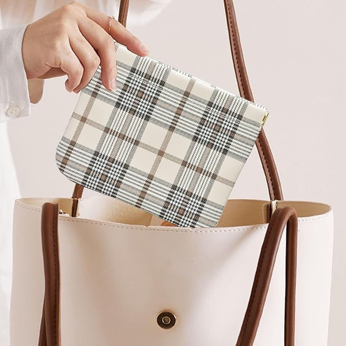 Leather Pocket Cosmetic Bag for Purse,Coin Purse Lipstick Cosmetic Accessories Organizer, Travel Kit Storage Pouch,Waterproof Portable No Zipper Self-closing (Tartan)