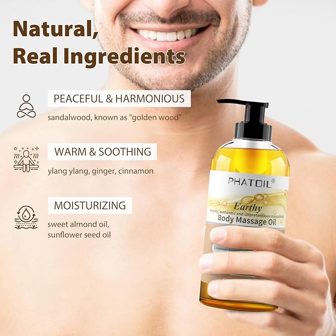 PHATOIL Sandalwood Body Oil for Men with Ginger, YlangYlang, Cinnamon, 260ml Large Bottle Body Oil for Skin, 8.8 fl.oz Premium Moisturizer Oil for After Shower, Great for Skin and Body Care