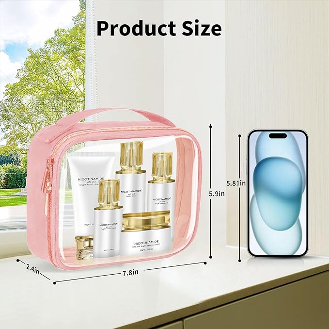 TSA Approved Travel Toiletry Bag,2 Pack Clear Makeup Bags with Handles,Quart Size Clear Cosmetic Bags for Traveling Women,Men,Carry on Airport Airline Compliant Bag,Pink