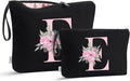 Vavabox A-Z Personalized Makeup Bag, Birthday Gifts for Women Mom, Gifts for Best Friend, Bride Bridesmaid Cosmetic bag (E, 04-Black Set)