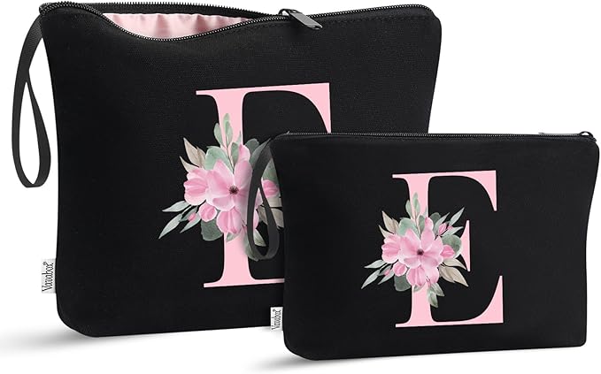 Vavabox A-Z Personalized Makeup Bag, Birthday Gifts for Women Mom, Gifts for Best Friend, Bride Bridesmaid Cosmetic bag (E, 04-Black Set)