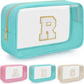Personalized Initial Clear Makeup Bag, Travel Chenille Patch Cosmetic Bag, Preppy Toiletry Bag Monogram Cosmetic Pouch with Zipper, Ideal Gift for Teen Girls Women (Clear-Green, R)