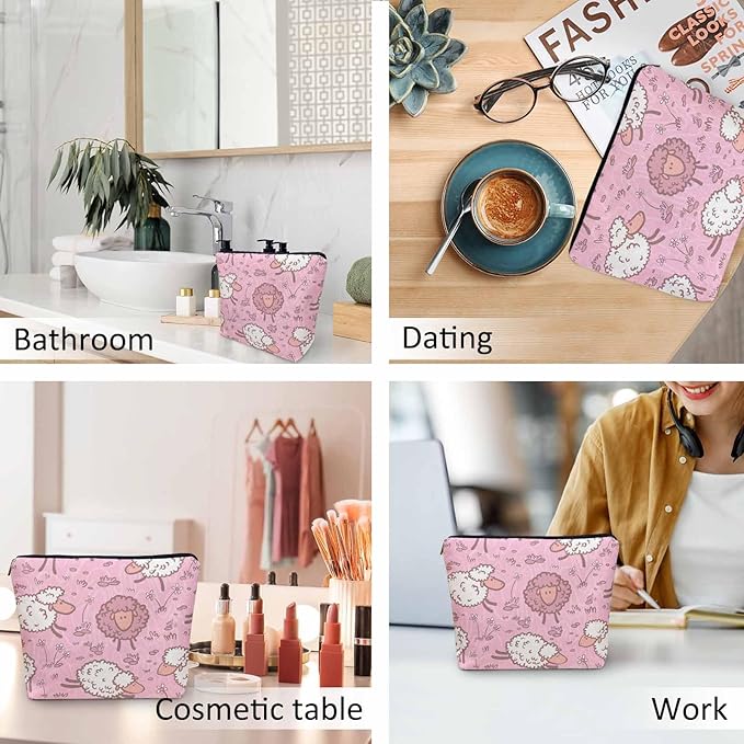 Makeup Bag For Purse Sheep, Farm Animal Weed Flower Sheep Cosmetic Bags For Women With Zipper Travel Toiletry Pouch Makeup Bags Makeup Organizers Purse For Toiletries Cosmetics