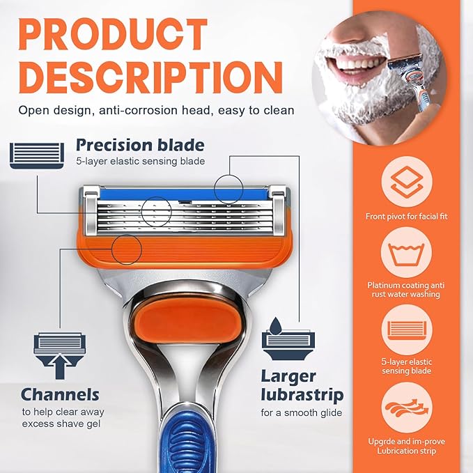 16 PCS Razor Blade Shaving Razor Blade Refills for Fusion 5, a More Comfortable Shave for Men, Orange New Version