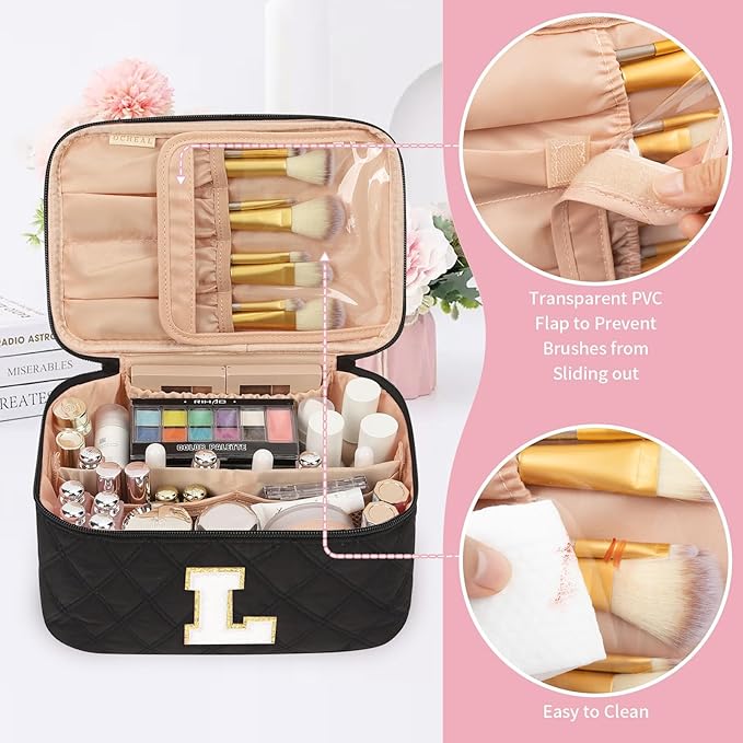 OCHEAL Makeup Bag for Women, Monogram Cosmetic Bag with Brush Holder,Black Travel Makeup Case Beauty Toiletry Bag Organizer Personalized Gifts for Girls Bridesmaid, Sister, Wife, Friends Initial L