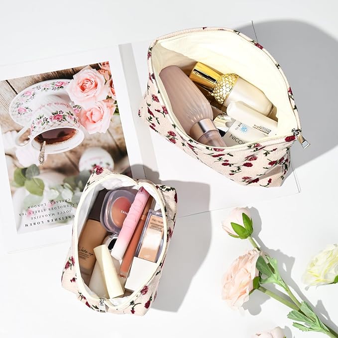 SOIDRAM 2 Pieces Rose Makeup Bag Large Corduroy Cosmetic Bag Capacity Canvas Mix Travel Toiletry Bag Organizer Cute Makeup Brushes Aesthetic Accessories Storage Bag for Women, Rose Mix White