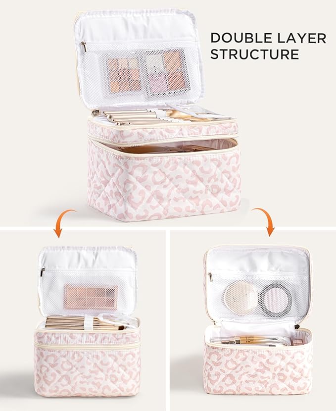 HBselect 2Pcs Travel Makeup Bag, Large Cotton Quilted Makeup Bag Cosmetic Bag Cute Make up Bag Toiletry Bags for Women Girls