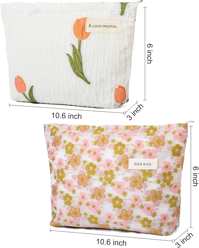 SOIDRAM 2 Pieces Flower Makeup Bag Large Floral Cosmetic Bag Capacity Canvas Travel Toiletry Bag Organizer Cute Makeup Brushes Aesthetic Accessories Storage Bag for Women, Embossed flower L White Pink