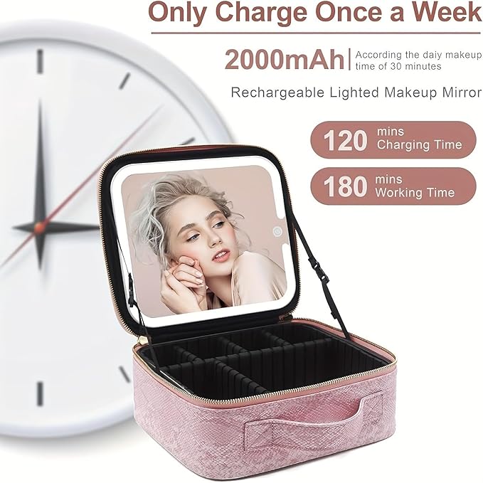 Portable Travel Cosmetic Bag with LED, 3-color Adjustable Cosmetic Organizer, Women's Cosmetic Case, Mirror Makeup Bag Case Rechargeable (Pink)
