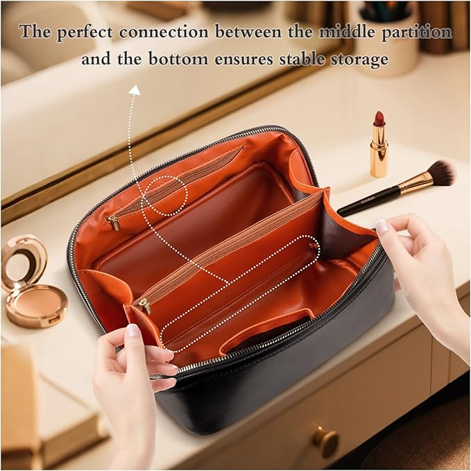 Abiudeng Travel Makeup Bag,Large Capacity Toiletry Bag Cosmetic Bags for Travel Essentials,Waterproof Portable Pouch Open Flat Makeup bag Organizer with Divider and Handle-black