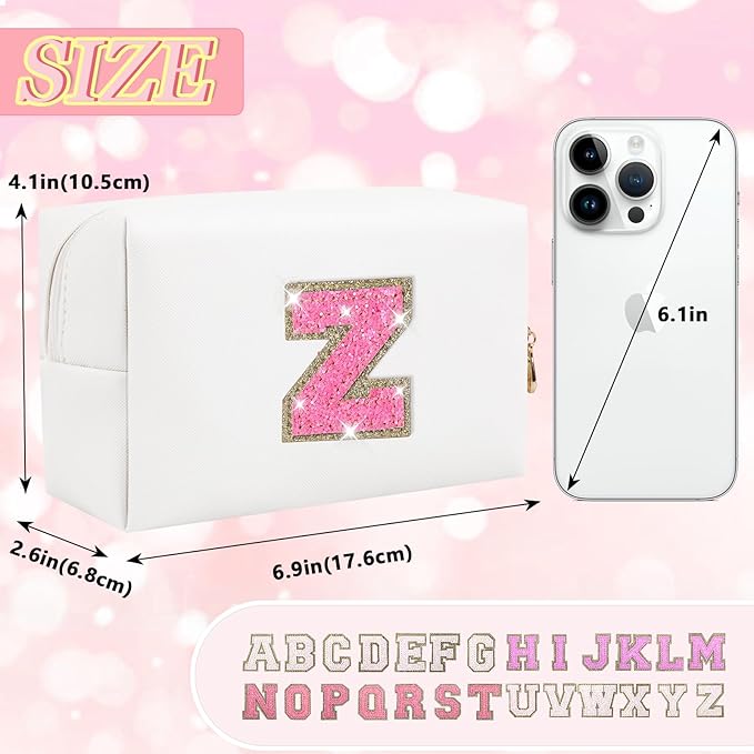 Initial Letter Patch Makeup Bag, Preppy Glitter Pouch Cosmetic Bag, Small PU Travel Toiletry Bag Zipper, Personalized Monogrammed Gift for Friends, Sisters & Teens (Letter Z)