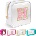 Mini Clear Personalized Initial Makeup Bag,Nylon Preppy A-Z Chenille Letter Patch Zipper Cosmetic Bag, Small Cute Beach Pouch Travel Purse Sanitary Napkin Storage Bag for Women Girls(White-Pink H)