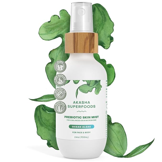 Akasha Prebiotic Skin Mist 3.4oz I Organic Facial Mist, Sea Kelp Extract, Face Spray for Naturally Restoring the Skins Microbiome, Dewy, Help Acne, Psoriasis & Sunburn*, Anti Aging Skin Care Products