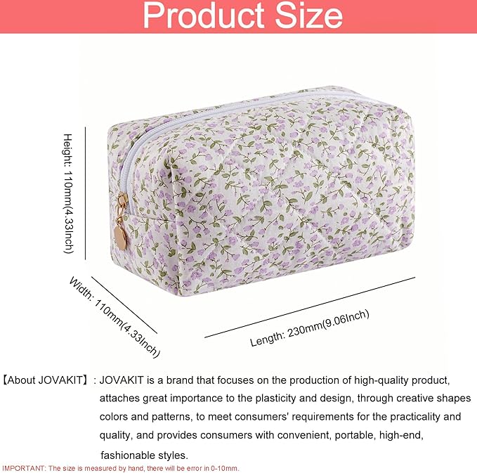 JOVAKIT Square Makeup Bag Cute Cosmetic Bag for Women, Floral Coquette Aesthetic Toiletry Bag, Zipper Make Up Pouch, Travel Make Up Organizer Bag (Purple Floral)
