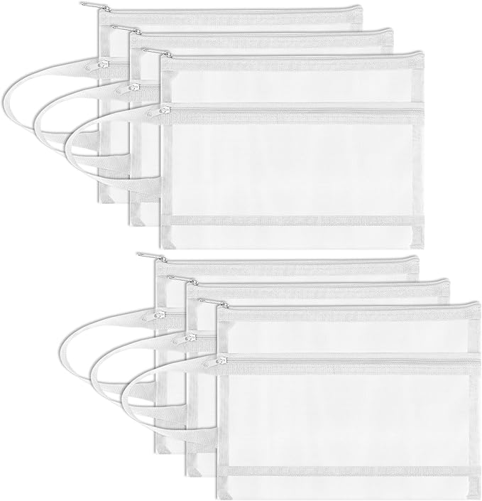 6 Pack Mesh Zipper Pouch Bags, Double Layer Nylon Pouch with Handle for Office Travel Organization (White, A5)