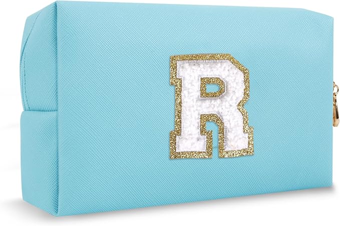 Small Travel Initial Preppy Makeup Bag, Personalized Blue Cute Cosmetic Organizer Chenille Letter Travel Toiltery Zipper Pouch, Monogram Make Up Storage Gifts for Friend Her Birthday Women(Letter R)