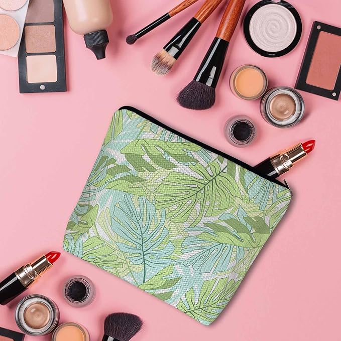Palm Leaves Makeup Organizer Bag Cosmetic Bag For Men Women, Tropical Beach Palm Leaf Floral Travel Toiletry Bag Flax Makeup Bags Purse Business Makeup Pouch For Toiletries Cosmetics Green