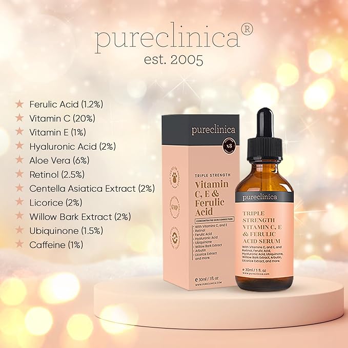 Triple Strength Vitamin C, E & Ferulic Acid Serum (w/ Retinol & double weight Hyaluronic Acid) – 30ml / 1 fl oz.