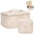 OCHEAL Makeup Bag Set, Portable Travel Makeup Bags Cosmetic Organizer Bag for Women Cute Floral Cosmetic Pouch Large Capacity Make up Bag PU Leather Toiletry Bags with Divider and Handle-Beige