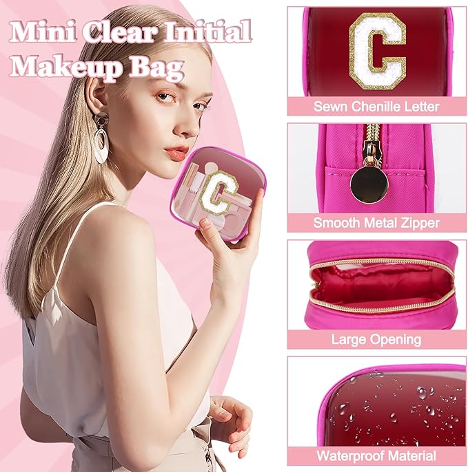 Mini Clear Personalized Initial Makeup Bag,Nylon Preppy A-Z Chenille Letter Patch Zipper Cosmetic Bag, Small Cute Beach Pouch Travel Purse Sanitary Napkin Storage Bag for Women Girls(Hot Pink-White C)