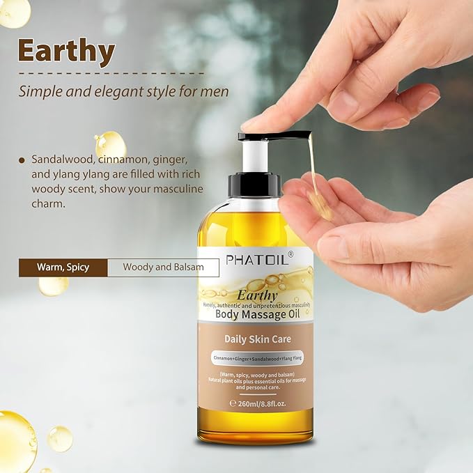 PHATOIL Sandalwood Body Oil for Men with Ginger, YlangYlang, Cinnamon, 260ml Large Bottle Body Oil for Skin, 8.8 fl.oz Premium Moisturizer Oil for After Shower, Great for Skin and Body Care