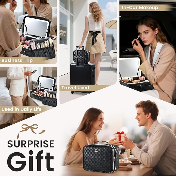 Makeup Bag with LED Lighted Mirror 12.2 IN Travel Double Layer Makeup Case Adjustable Brightness in 3 Colors Cosmetic Organizer Artist Storage with Dividers Brush Holder Vanity Black Checkerboard