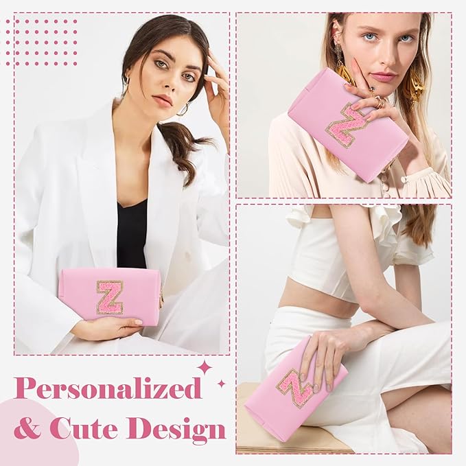 Personalized Initial A-Z Preppy Patch Makeup Bag,Small PU Leather Chenille Letter Cosmetic Bag with Zipper for Teen Girls,Pink Cute Travel Toiletry Bag,Birthday Monogrammed Gift for Daughter,Letter Z