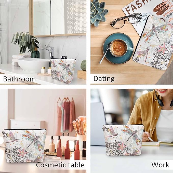 Makeup Bag For Purse Dragonfly, Garden Dragonflies Flowers Nature Cosmetic Bags For Women With Zipper Travel Toiletry Pouch Makeup Bags Makeup Organizers Purse For Toiletries Cosmetics
