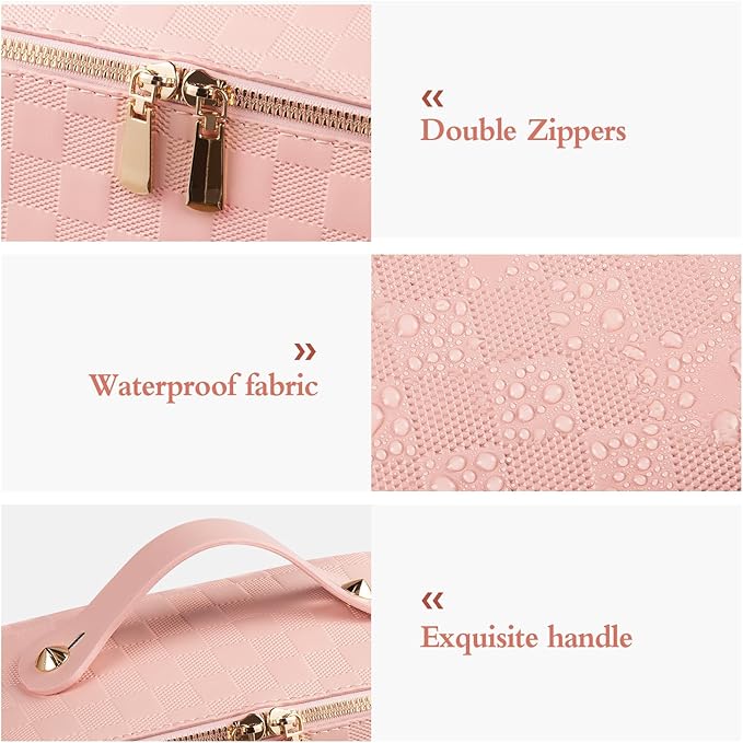 Abiudeng Travel Makeup Bag Large Capacity Toiletry Bag Cosmetic Bags for Travel Essentials,Waterproof Portable Pouch Open Flat Makeup bag Organizer with Divider and Handle(Checkered-Pink)