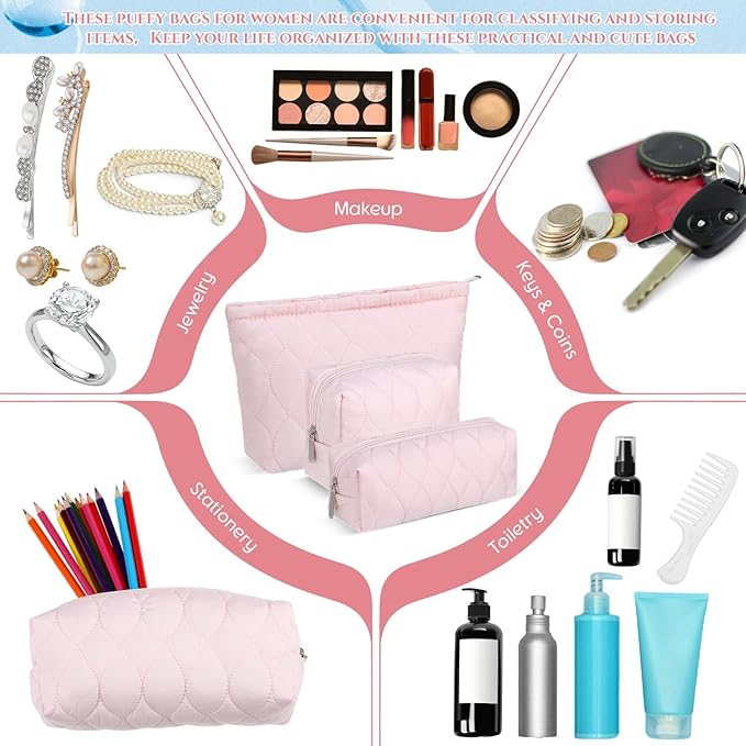 3 Pcs Puffy Makeup Bag Quilted Cosmetic Pouch for Women Cute Water drop Travel Toiletry Bag Puffer Makeup Organizer Purse Pouch Preppy Pencil Case with Zipper(Light Pink)