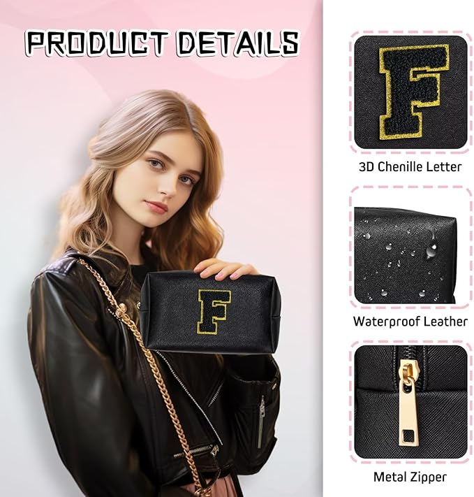 TOPEAST Monogrammed Gift for Women Girls, Personalized Initial Makeup Bags Cosmetic Bag with Zipper, Cute Makeup Pouch, PU Leather Waterproof Toiletry Bag, Preppy Gifts Stuff for Girl (Black E)