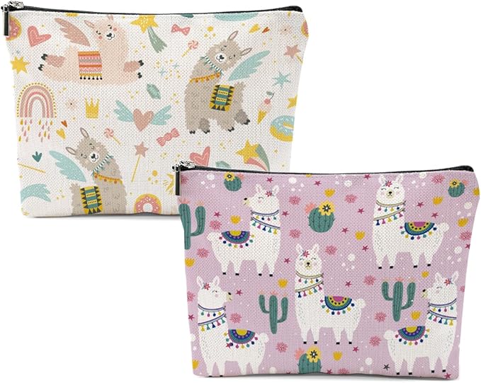 Llama Gifts, 2 Pcs Alpaca Makeup Bag, Cute Animal Cosmetic Bag Travel Pouch, Alpaca Llama Lovers Gift for Women Girls Daughter Sisters Best Friends Farm Animals Graduation Birthday