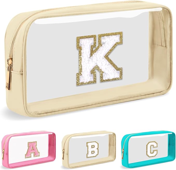 Personalized Initial Letter Clear Makeup Bag,Preppy Small Nylon&PVC Cosmetic Zipper Bag with Chenille Letter,Portable Beach Travel Skincare Toiletry Bag,Trendy Monogram Gift for Teen Girls Women,K