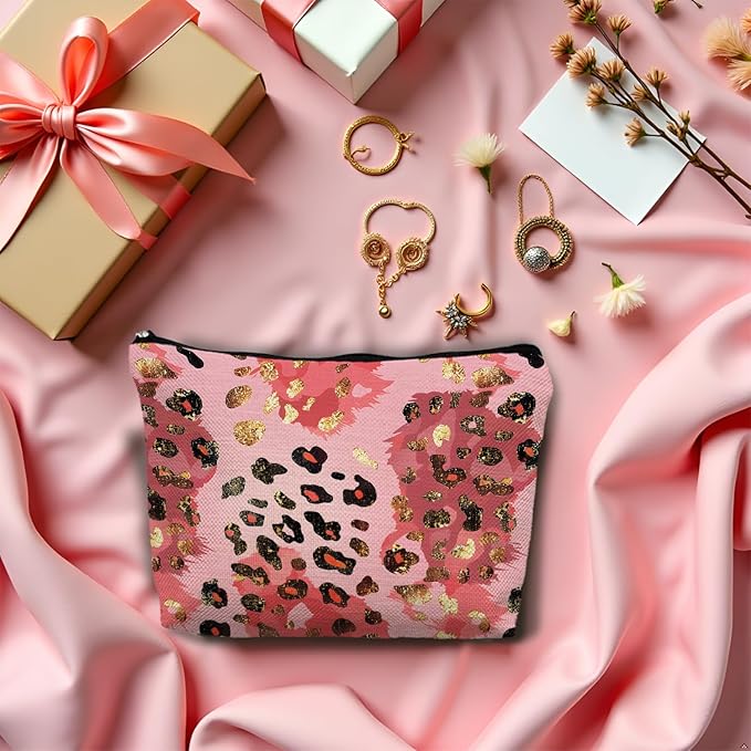 Gold and Pink Leopard Print Makeup Bag, Preppy Girly Cosmetic Bags Gifts for Women, Funky Y2k Cheetah Print Portable Travel Toiletry Bag Zipper Makeup Pouch
