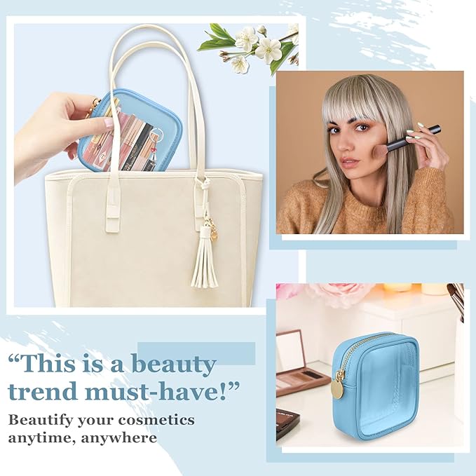 Mini Clear Travel Makeup Bag for Purse, Small Cute Preppy Cosmetic Zipper Pouch, Transparent PVC Nylon Waterproof Toiletry Storage Clutch Coin Pouch for Women Girls