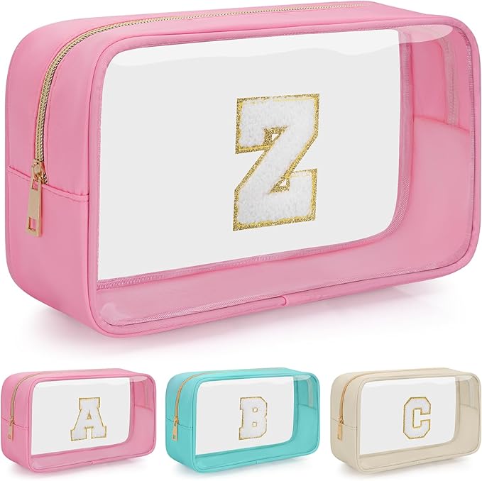 Personalized Initial Clear Makeup Bag, Travel Chenille Patch Cosmetic Bag, Preppy Toiletry Bag Monogram Cosmetic Pouch with Zipper, Ideal Gift for Teen Girls Women (Clear-Pink, Z)