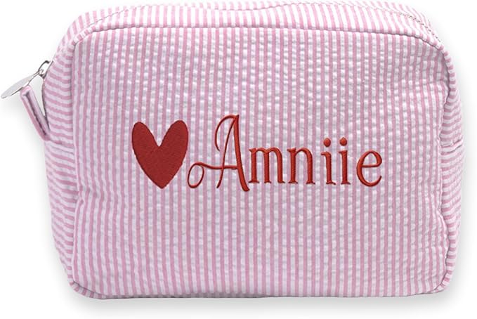 Custom Makeup Bag Personalized Cosmetic Bag Cute Seersucker Travel Toiletry Bag for Women Embroidered Bag Organizer for Bride Makeup Bag Gift Pink