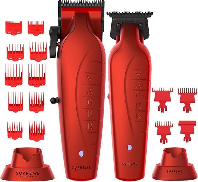 Supreme Trimmer 2-in-1 Vader Clipper & Trimmer Kit | Cordless Beard Trimmer & Mens Clippers Set for Barbers or Home | with DLC Coated Blades | Red