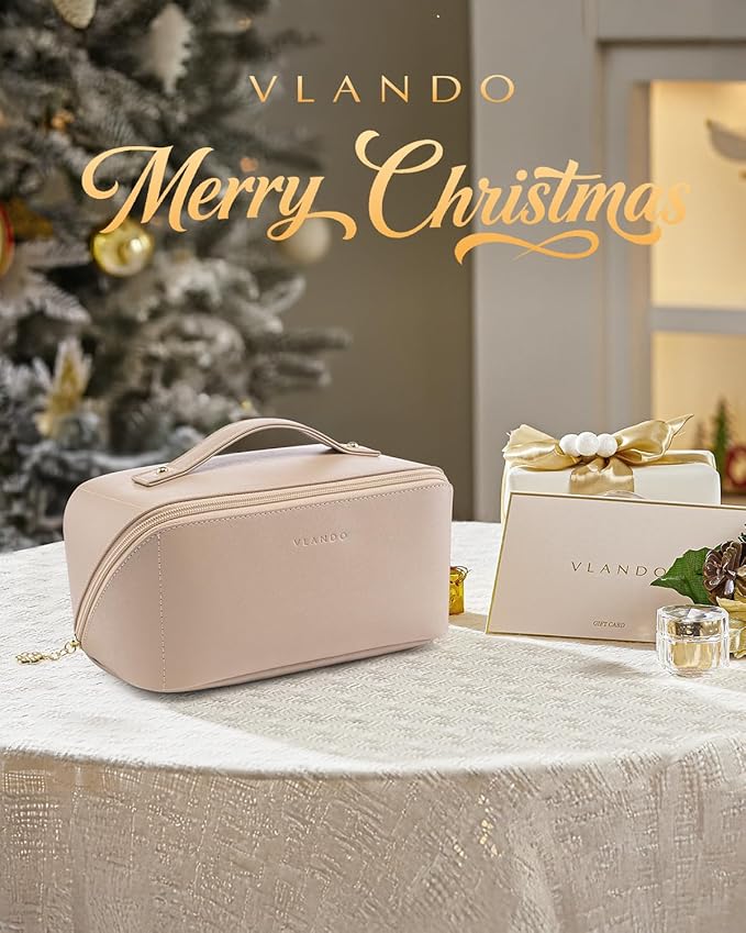 Vlando Makeup Bag,Large Capacity Travel Toiletry Bag,Cosmetic Bags for Women PU Leather Waterproof Portable Pouch with Divider & Handle-Toffee