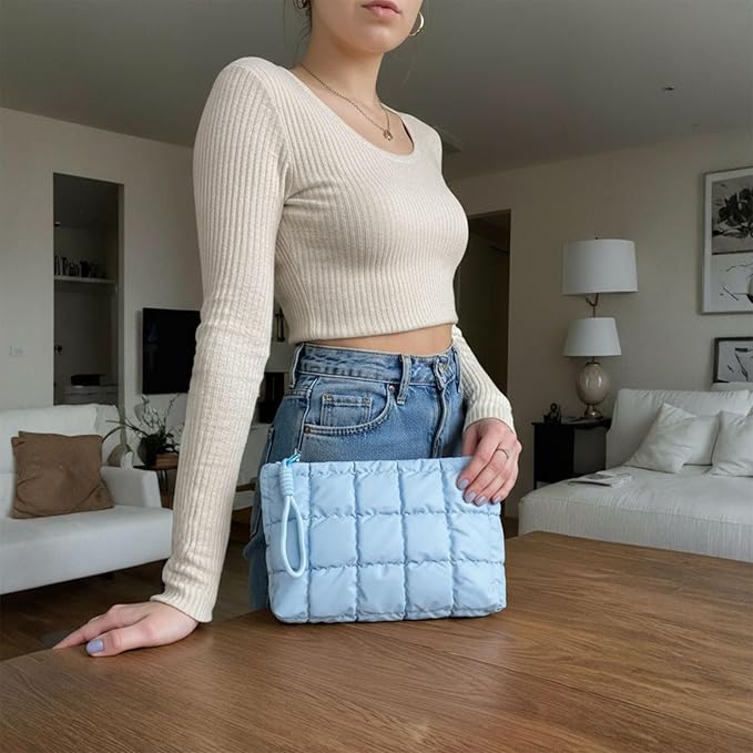 Puffer Quilted Makeup Bag Travel Cosmetic Bag Portable Puffy Checkered Toiletry Pouch Skincare Organizer Purse Pencil Case (Sky Blue)