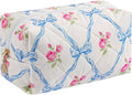 JOVAKIT Square Makeup Bag Cute Cosmetic Bag for Women, Floral Coquette Aesthetic Toiletry Bag, Zipper Make Up Pouch, Travel Make Up Organizer Bag (Blue Bowknot)