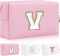 Iqimott,Personalized Initial Letter Patch Makeup Bag, Preppy Portable Chenille Letter Cosmetic Bag with Zipper, PU Leather Travel Toiletry Bag Monogram Make Up Pouch for Women Girls(Letter V)