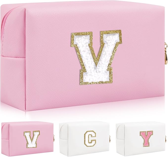 Iqimott,Personalized Initial Letter Patch Makeup Bag, Preppy Portable Chenille Letter Cosmetic Bag with Zipper, PU Leather Travel Toiletry Bag Monogram Make Up Pouch for Women Girls(Letter V)